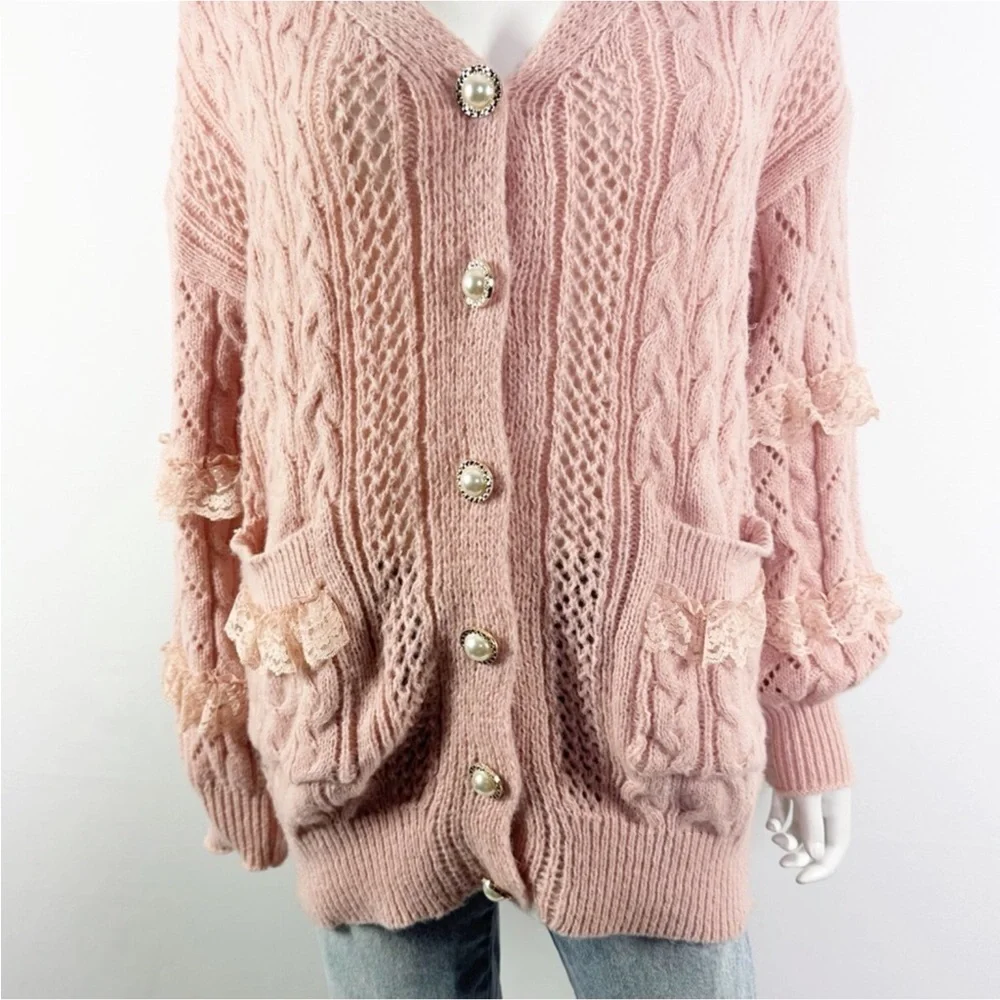 Romwe Kawaii Pink Cable Knit Lace Pearl Button Down Sweater Cardigan S - Picture 3 of 12